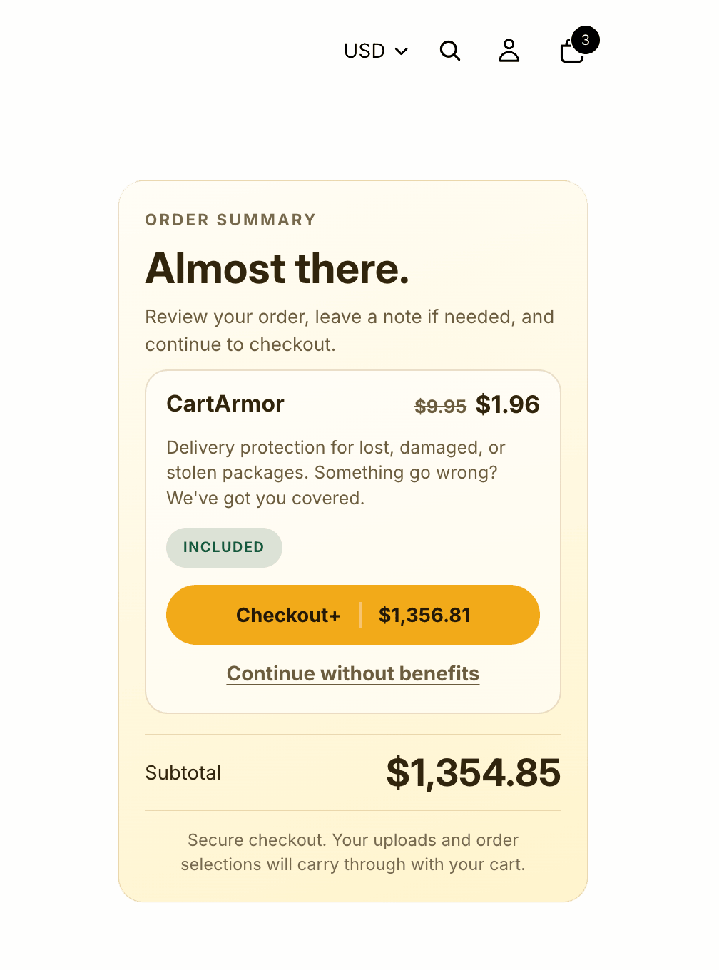 Cart summary after CartArmor with an optional paid offer