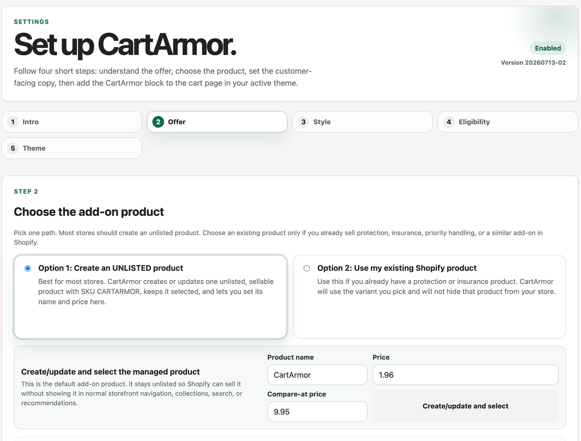 CartArmor setup screen for choosing an unlisted product or an existing Shopify product