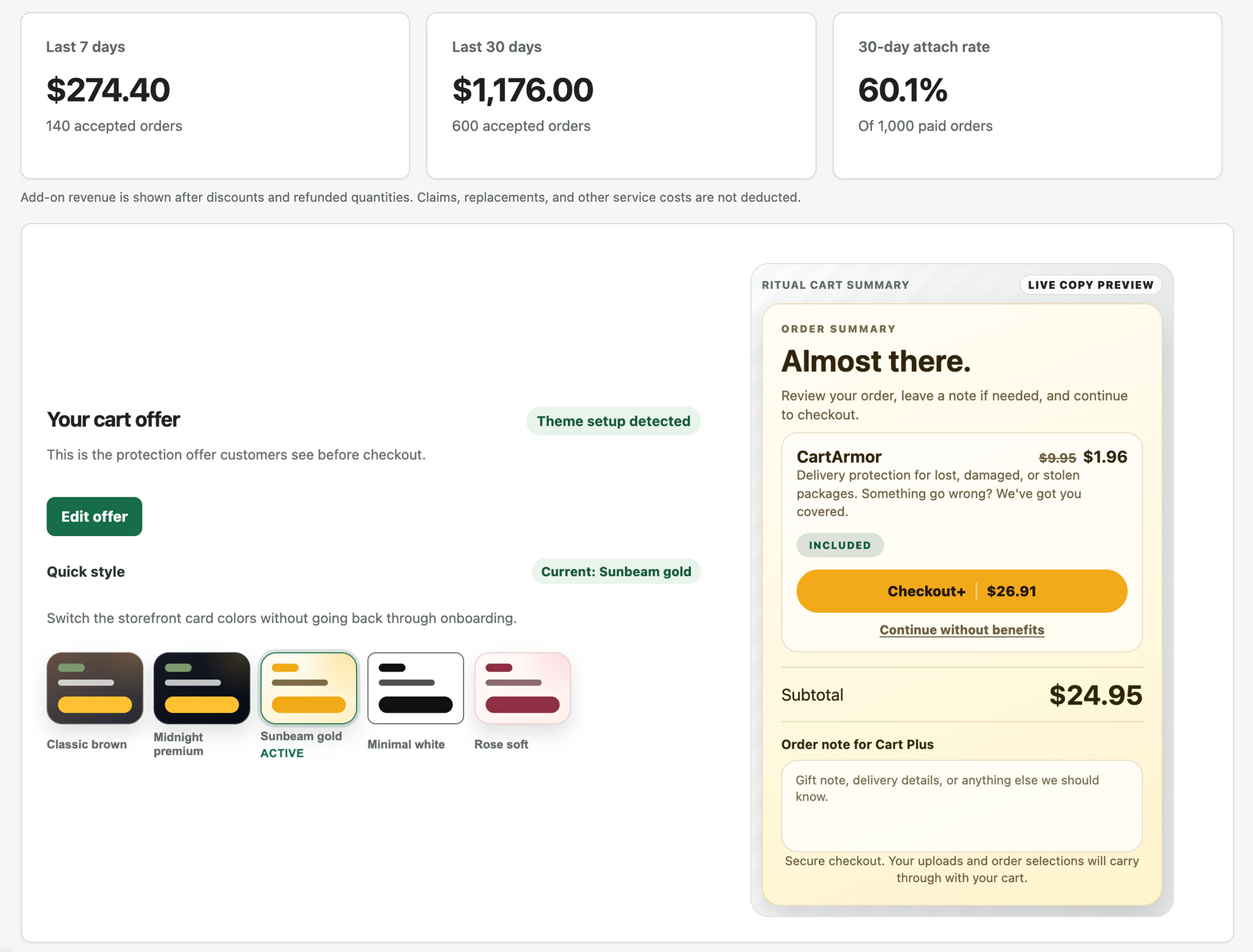 CartArmor styling screen with five cart styles and a live offer preview