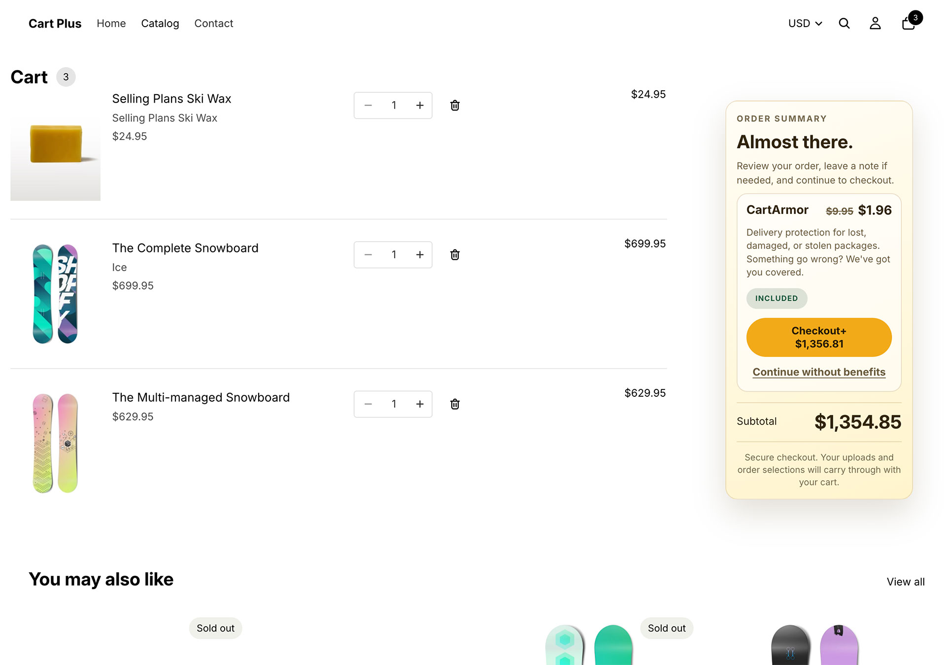 CartArmor offer integrated into a live Shopify cart